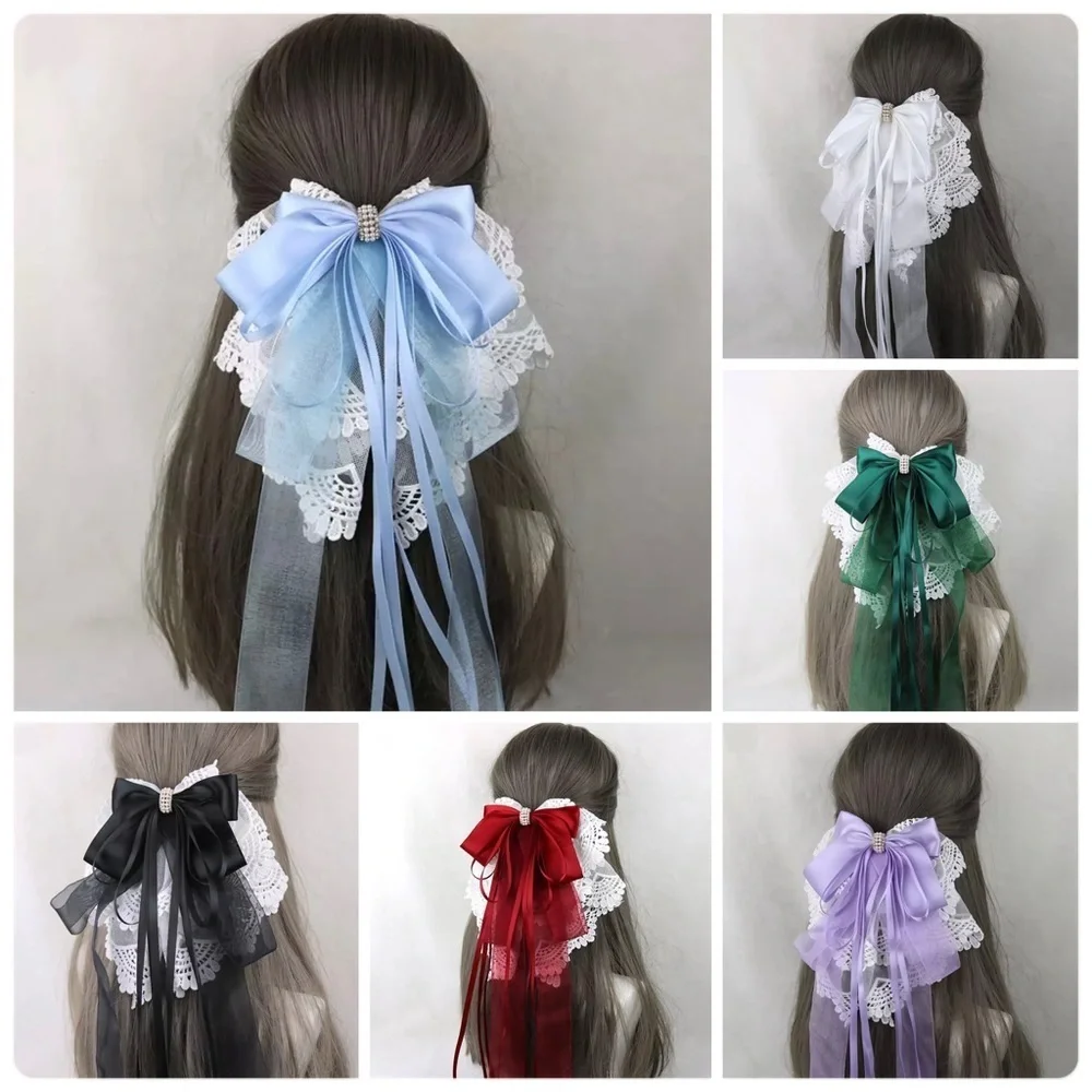 Long Oversized Satin & Lace Bow French Barrette Hair Clip
